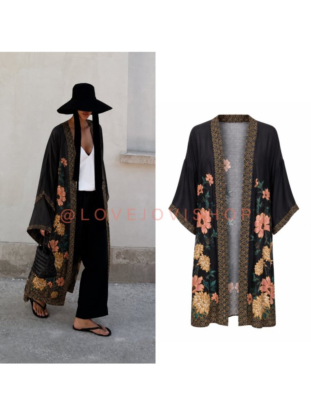 Boho Western | DR2 Black Floral Kimono Duster | Pink & Gold Embroidered Print L